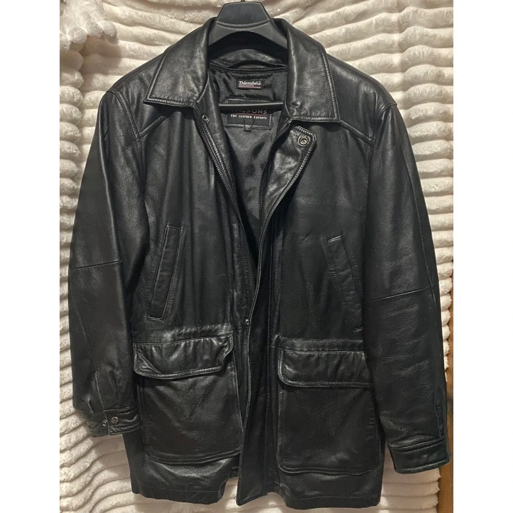 Wilson's Leather Men's Black Leather Coat Large Thinsulate Zip Out Liner Winter